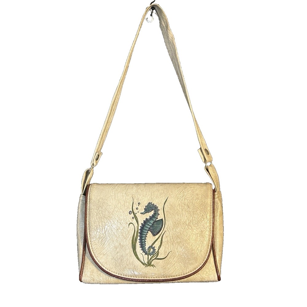 Vintage The Original Florida Keys Handbag Off-White Seahorse Nautical Vinyl
